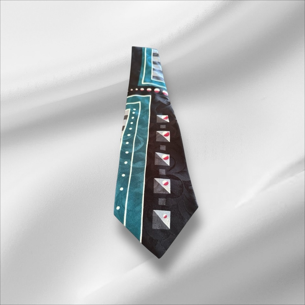 Don Loper Necktie Italian Silk‎ Geometric Print Teal Black Patterned Tie